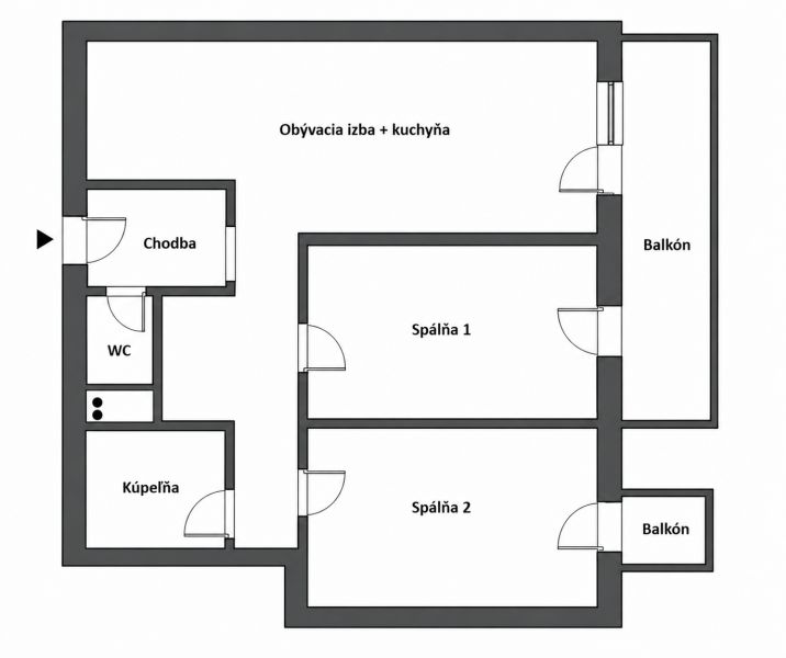 PREDAJ - krásny 3- izbový byt s 2 balkónmi na  Bratislavskej ulici  - Pôdorys 3-izbového bytu so spoločnou obývacou izbou a kuchyňou, dvoma spálňami a balkónom.