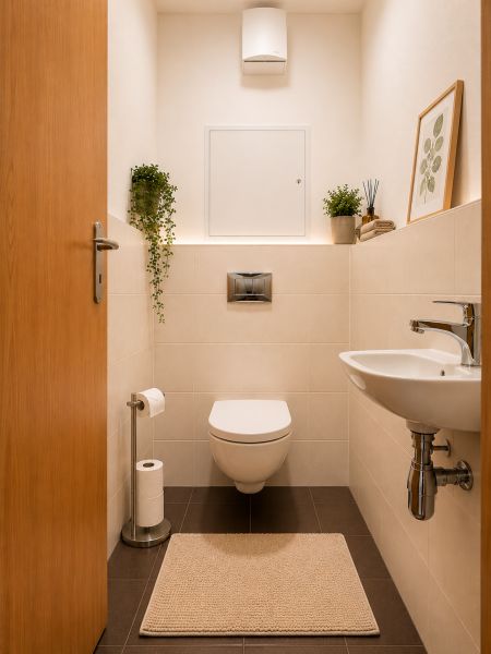 PREDAJ - krásny 3- izbový byt s 2 balkónmi na  Bratislavskej ulici  - Moderná toaleta s dekoratívnymi rastlinami a minimalistickým umývadlom v 3-izbovom byte.
