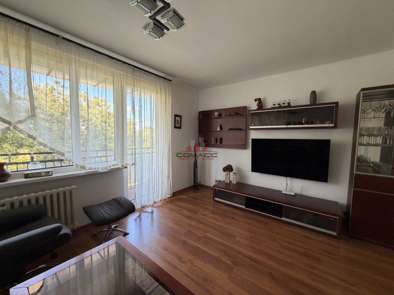 Ex. Moderný 4 iz byt po komplet. rekonštrukcii s lodžiou v Piešťanoch - Obývacia izba s podlahou s dreveným dekorom v 4-izbovom byte so sedačkou a TV.