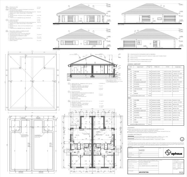I PREDAJ novostavba 4i rodinného domu s terasou a záhradkou - Architektonické plány dvojdomu s podrobnými rozmermi, rezy a popisom použitých materiálov.