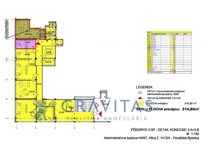 Prenájom kancelárskych priestorov - AB Hliny - Pôdorys administratívnej budovy, ulica Hliny Považská Bystrica. Prenájom kancelárie, plocha 314,89 m².