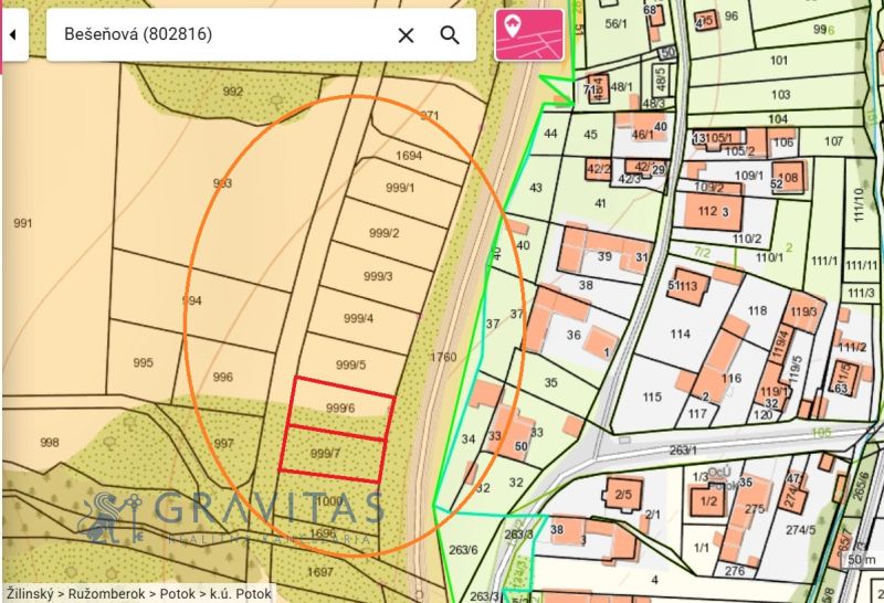 Investičný pozemok v Bešeňovej - Katastrálna mapa pozemkov - komerčné v Bešeňovej s označenými parcelami a okolím.