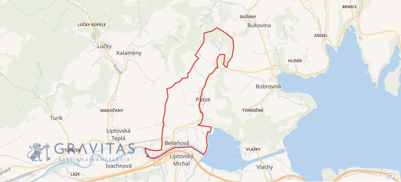 Investičný pozemok v Bešeňovej - Mapa oblasti pri Bešeňovej v kontexte Pozemkov - komerčných s vyznačenými miestami.