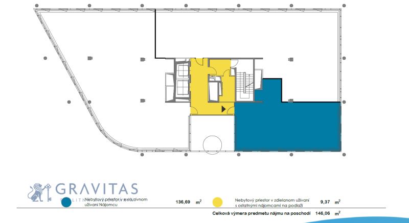 Kancelárie Prenájom | Samostatný Celok 146m2 | Apollo BC II - Pôdorys kancelárie na prenájom s výmerou 136,69 m².
