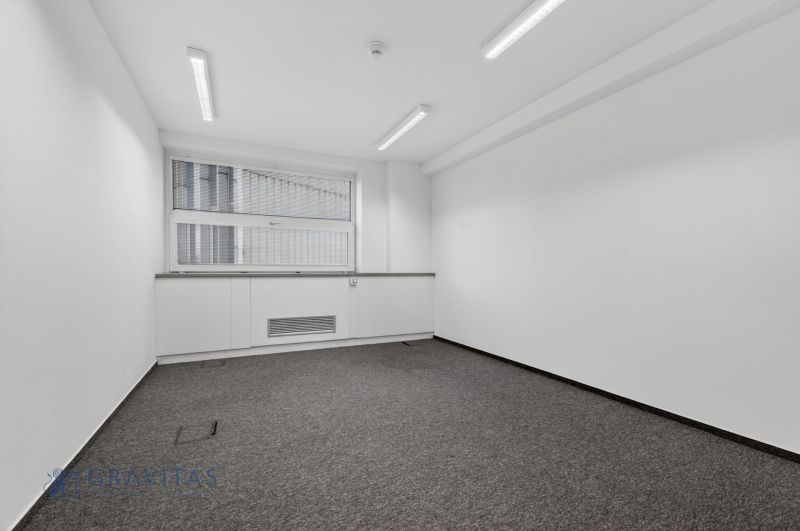 Kancelárie od 20m2 na PRENÁJOM | TOP biznis lokalita - Prázdna kancelária s kobercovou podlahou, výhľadom a bielymi stenami.