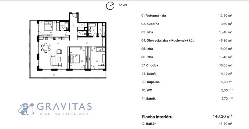 Na PREDAJ | 4izb. veľkometrážny ateliér | Prístavná ulica - Pôdorys 4-izbového bytu s obývacou izbou, kuchyňou, kúpeľňami a balkónom.