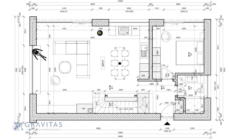 PREDAJ 5i rekreačný RD | Pekná cesta | Lesopark Rača  - Pôdorys interiéru rodinného domu s obývačkou, kuchyňou a schodiskom.