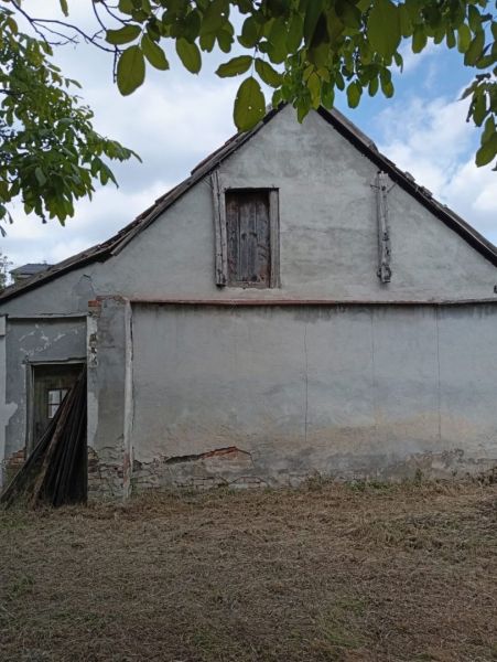 Vidiecky domček na predaj. - Rodinný dom v Ňárade s opadanou omietkou a zatvoreným podkrovným oknom, obklopený zeleňou.