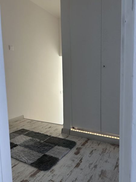 Ůžasný rodinný dom v obci Trstice. - Chodba v rodinnom dome s podlahou s dreveným dekorom a šedým koberčekom.