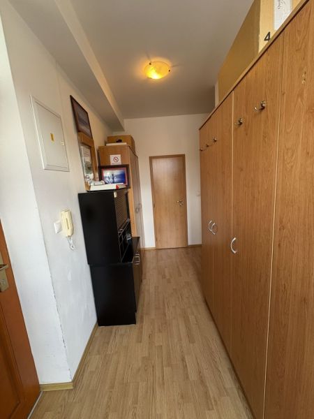 Znížená cena!!☎️ - Chodba s podlahou s dreveným dekorom, skriňou a stropným svietidlom v 3-izbovom byte.