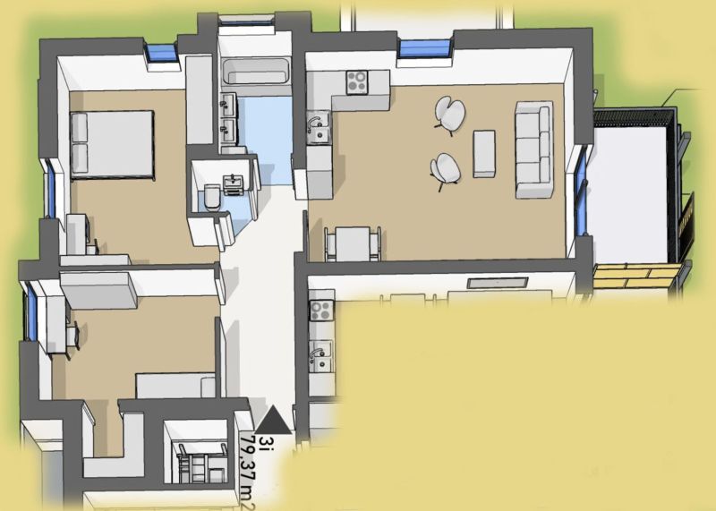 Nové 3- izbové byty v obytnom parku KISERDŐ LAKÓPARK - Pôdorys 3-izbového bytu s podlahou s dreveným dekorom a rozlohou 79,37 m².