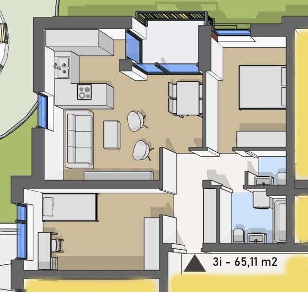 Nové 3- izbové byty v obytnom parku KISERDŐ LAKÓPARK - Pôdorys 3-izbového bytu s podlahou s dreveným dekorom, 65,11 m².