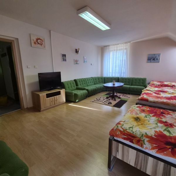 Prenájom 2-izbového apartmánu v Dunajskej Strede - Obývacia izba v 2-izbovom byte s podlahou s dreveným dekorom a zelenou sedacou súpravou.