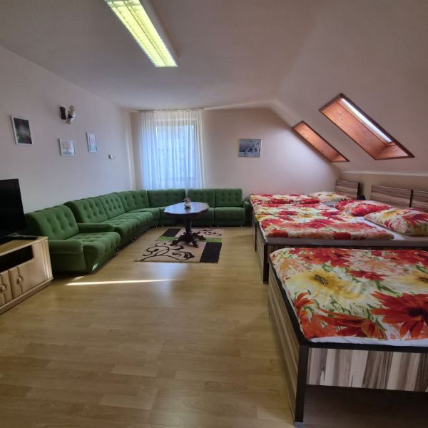 Prenájom 2-izbového apartmánu v Dunajskej Strede - Interiér 2-izbového bytu s pohovkou, posteľami, podlahou s dreveným dekorom a televízorom.