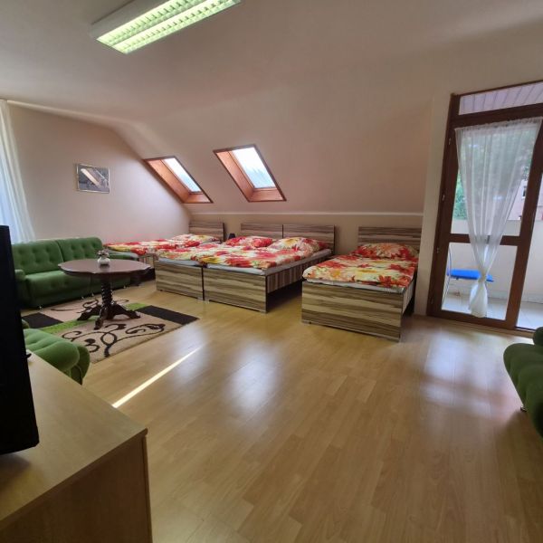 Prenájom 2-izbového apartmánu v Dunajskej Strede - Spálňa so štyrmi posteľami, zelenou pohovkou a podlahou s dreveným dekorom.