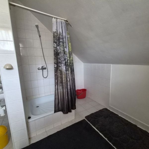 Prenájom 2-izbového apartmánu v Dunajskej Strede - Kúpeľňa v 2-izbovom byte s vaňou a sprchovým závesom lesného motívu.