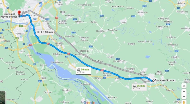 -Na prenájom obchodný priestor 30 m2 v centre mesta Dunajská Streda - Mapa zobrazuje trasu z Dunajskej Stredy do Bratislavy autom za 36 minút.