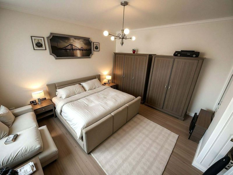 Na predaj starší rodinný dom vhodný na kompletnú prestavbu s  veľkým p - Spálňa v rodinnom dome s podlahou s dreveným dekorom, nábytkom a pohodlnou posteľou.