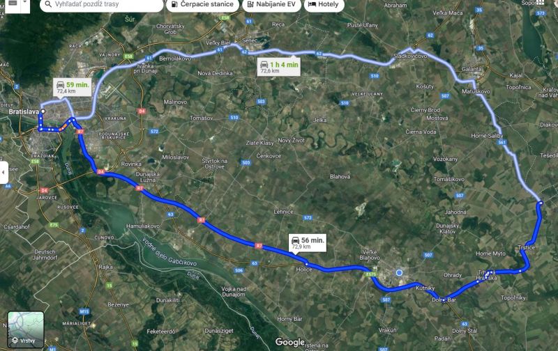 Predám stavebný pozemok v obci Kráľov Brod - Mapa zobrazuje trasu autom medzi Bratislavou a Kráľovým Brodom, vhodné pre Pozemky - bývanie.