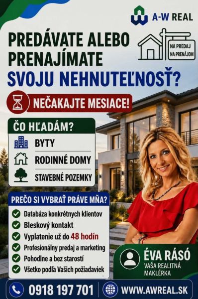 PREDAJ A PRENÁJOM NEHNUTEĽNOSTI V OKRESE DUNAJSKÁ STREDA - Inzercia realitnej kancelárie s popisom služieb a fotografiou maklérky.