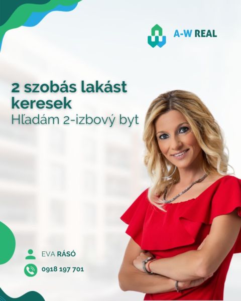 PREDAJ A PRENÁJOM NEHNUTEĽNOSTI V OKRESE DUNAJSKÁ STREDA - Žena v červenom šate a logo A-W Real na bledom pozadí.