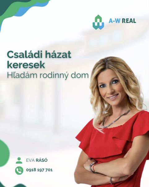 PREDAJ A PRENÁJOM NEHNUTEĽNOSTI V OKRESE DUNAJSKÁ STREDA - Žena v červených šatách ponúka služby realitnej kancelárie A-W Real.