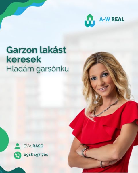 PREDAJ A PRENÁJOM NEHNUTEĽNOSTI V OKRESE DUNAJSKÁ STREDA - Žena v červených šatách hľadá garsónku, kontakt na realitnú maklérku.