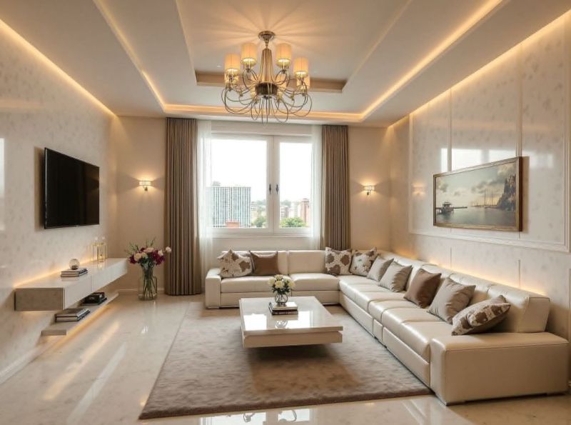 REZERVOVANÉ   NOVÁ CENA !!!!  108000,-EUR  NA PREDAJ EXKLUZÍVNE  : 1  - Obývacia izba v 1-izbovom byte s pohovkou, stolom a elegantným lustrom.