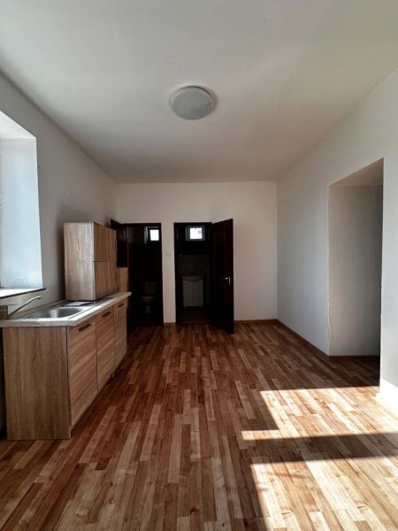 Na predaj 2-izb. byt v dvojdome (110 m²) v štandarde s krbom – Možnosť - Kuchyňa v rodinnom dome s podlahou s dreveným dekorom a kuchynskou linkou.