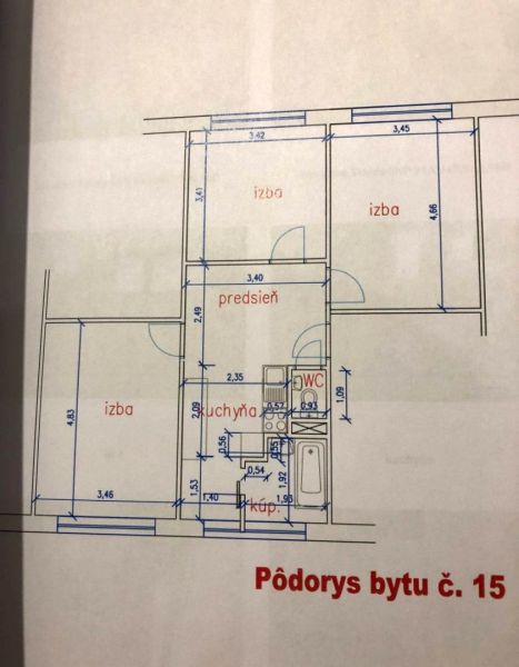 Na predaj 3 izbový byt, Trieda SNP, Terasa - Pôdorys 3-izbového bytu so zobrazením miestností a rozmerov.