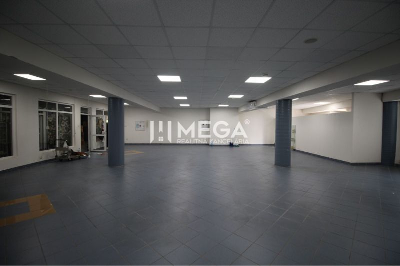Na prenájom - priestor 185 m2 v centre mesta Humenné - Priestranné obchodné priestory s modrou dlažbou a stĺpmi ponúkajú rôzne možnosti využitia.