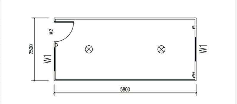 NUERA I PREDAJ - Záhradný domček/ Sklad alebo dieľňa - Pôdorys chaty s rozmermi 5800x2500 mm, dvere a okná označené W1, M2.