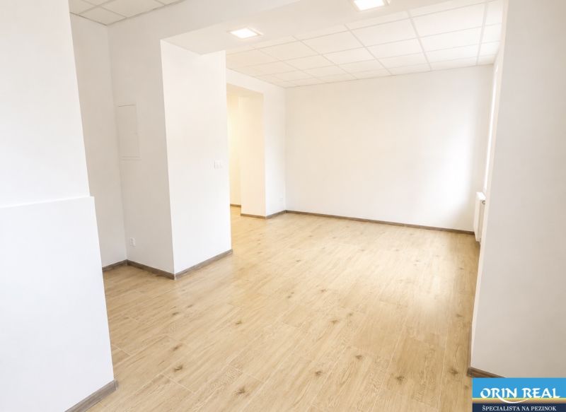 Na prenájom obchodný priestor v centre Pezinka 100m2 - Obchodné priestory s podlahou s dreveným dekorom a bielymi stenami.