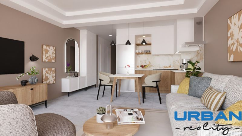 Hotelový a rezidenčný komplex THE TERRACE v Paje, Zanzibar - Interiér obývacej izby vo výstavbe bytov s nábytkom v prírodných odtieňoch.