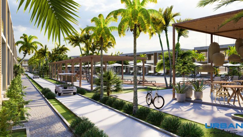 Hotelový a rezidenčný komplex THE TERRACE v Paje, Zanzibar - Palmy, cestičky, golfové vozíky a odpočívadlá vo výstavbe bytov v Paje.