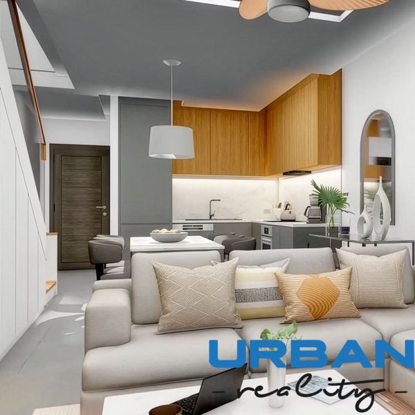 Hotelový a rezidenčný komplex THE TERRACE v Paje, Zanzibar - Interiér s kuchyňou a obývačkou, pohovkou, dreveným dekorom a schodmi. Výstavba bytov.