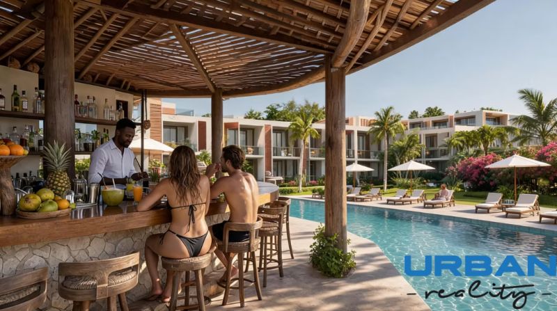 Hotelový a rezidenčný komplex THE TERRACE v Paje, Zanzibar - Exteriér s bazénom a barom v projekte Výstavba bytov v Paje.