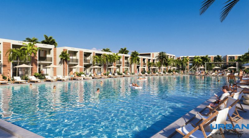 Hotelový a rezidenčný komplex THE TERRACE v Paje, Zanzibar - Luxusné apartmány vo výstavbe bytov v Paje s bazénom a palmami na ostrove.