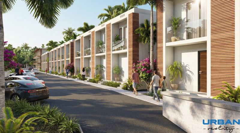 Hotelový a rezidenčný komplex THE TERRACE v Paje, Zanzibar - Výstavba bytov v Paje: Radové domy s okrasnou zeleňou pri ceste.