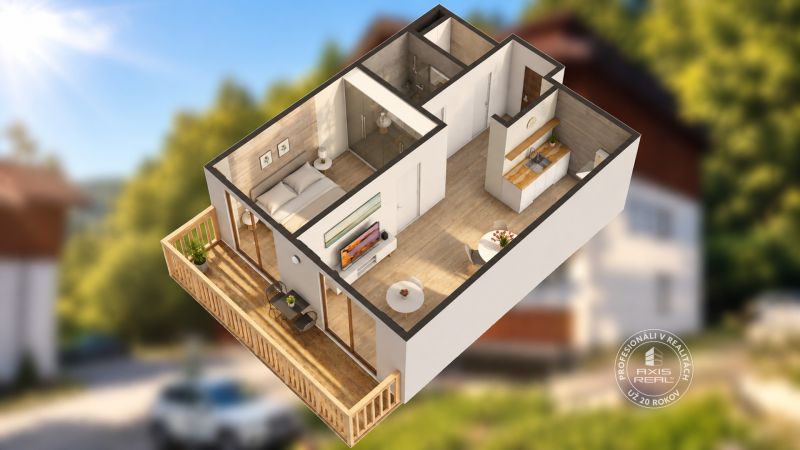 2-izbový byt s PARKOVACÍM MIESTOM lokalita CHOPOK JUH - 3D pôdorys 2-izbového bytu s balkónom a podlahou s dreveným dekorom.