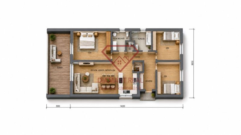 MODERNÝ 4-IZBOVÝ RODINNÝ DOM V ŠTÝLE BARNHOUSE – Veľká Mača  - Pôdorys rodinného domu s terasou, tromi izbami a kuchyňou, jedálňou, obývacou izbou.
