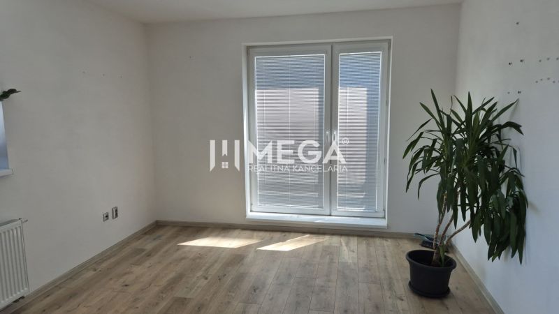 PRENÁJOM kancelárie blízko centra Humenného (20,53 m2) - Kancelária s rastlinou, podlaha s dreveným dekorom a balkónové dvere so žalúziami.