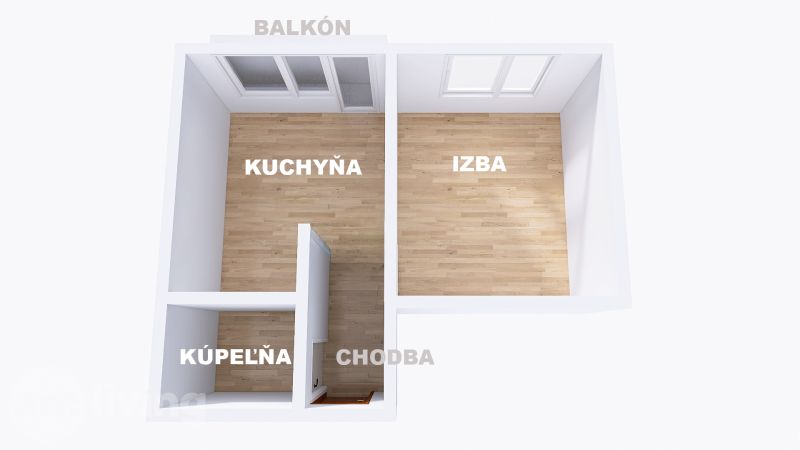 REZERVOVANÉ 1 izbový byt s balkónom - až 41m² N. DUBNICA - Pôdorys 1-izbového bytu s kuchyňou, izbou, kúpeľňou a podlahou s dreveným dekorom.