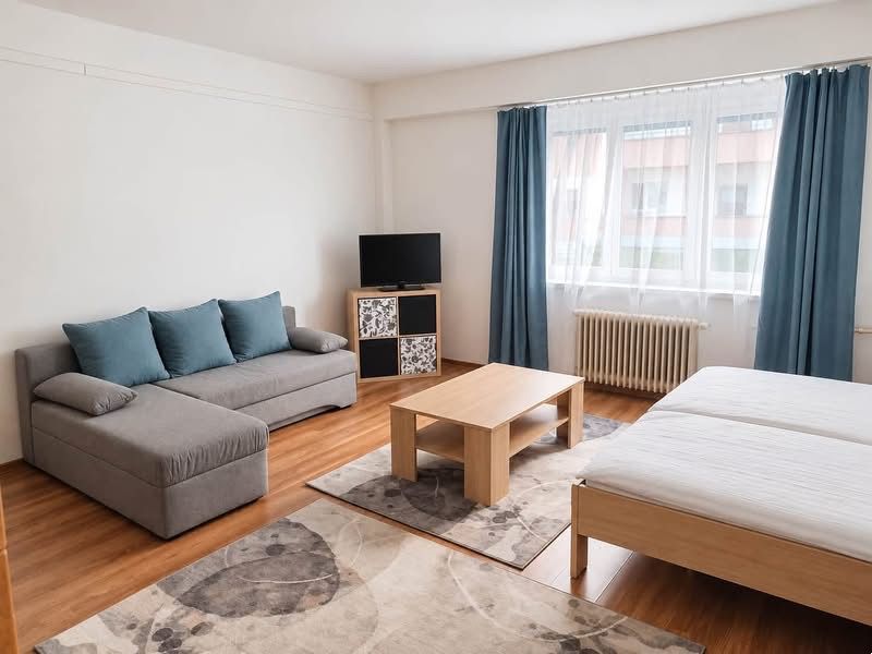 Prenájom 1-izbového zariadeného bytu, 43 m² – Šancová - 1-izbový byt s pohovkou, posteľou, televízorom, stolíkom a podlahou s dreveným dekorom.