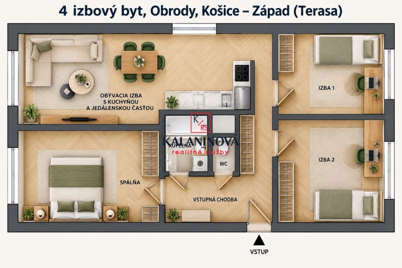 PRIPRAVUJEME: 4 izb. novorekonštruovaný byt, Košice - Terasa, Obrody - Pôdorys 4-izbového bytu s podlahou s dreveným dekorom zahŕňa izby a kuchyňu.