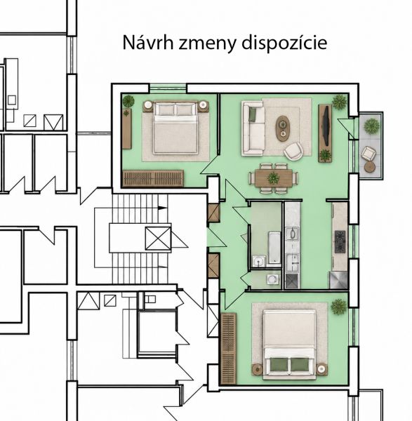 3-izbový byt v centre Pezinka, balkón, výťah, pivnica, komora - Návrh zmeny dispozície 3-izbového bytu s dvoma spálňami a obývacou izbou.
