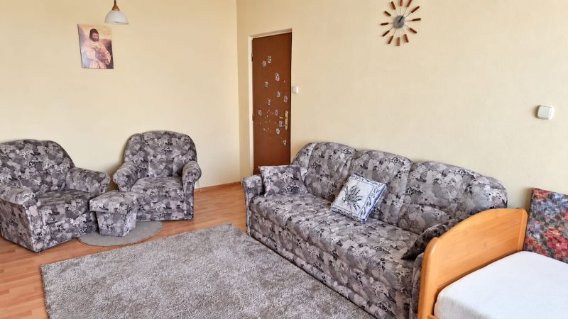 PRENÁJOM | 3-IZBOVÝ BYT | 80 m² | 2 BALKÓNY | ZARIADENÝ | CENTRUM I  - Pohodlná obývacia izba so vzorovanou sedačkou v 3-izbovom byte.