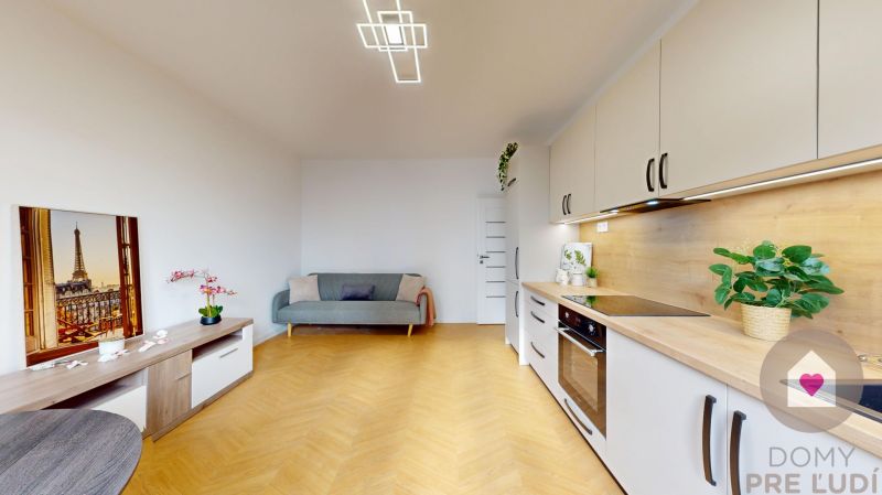 BA/Širšie centrum- Prenájom komplet prerobeného 3 izbového bytu  - Kuchyňa s podlahou s dreveným dekorom, pohovkou a dekoráciami v 3-izbovom byte.