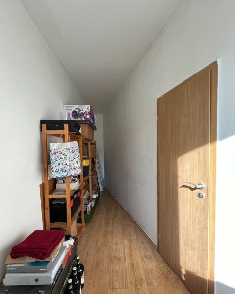 V projekte Koloseo 3 izbový byt na ulici Tomášikova v Bratislave - Úzka chodba s regálmi a podlahou s dreveným dekorom v 3-izbovom byte.