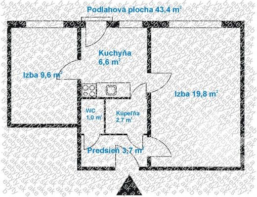 Real - H,s.r.o. ponúka na predaj útulný 2 izbový byt  Bratislava IV  - Pôdorys 2-izbového bytu s kuchyňou, kúpeľňou a predsieňou, podlahová plocha 43,4 m².